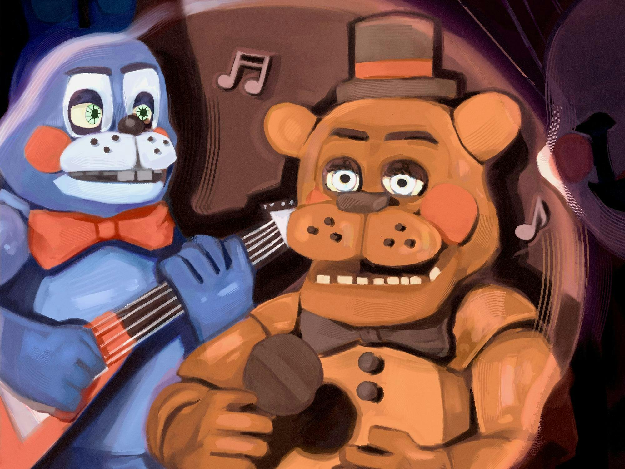 Illustration of animatronic characters from the Five Night's at Freddy's 2 movie singing and playing the guitar. 