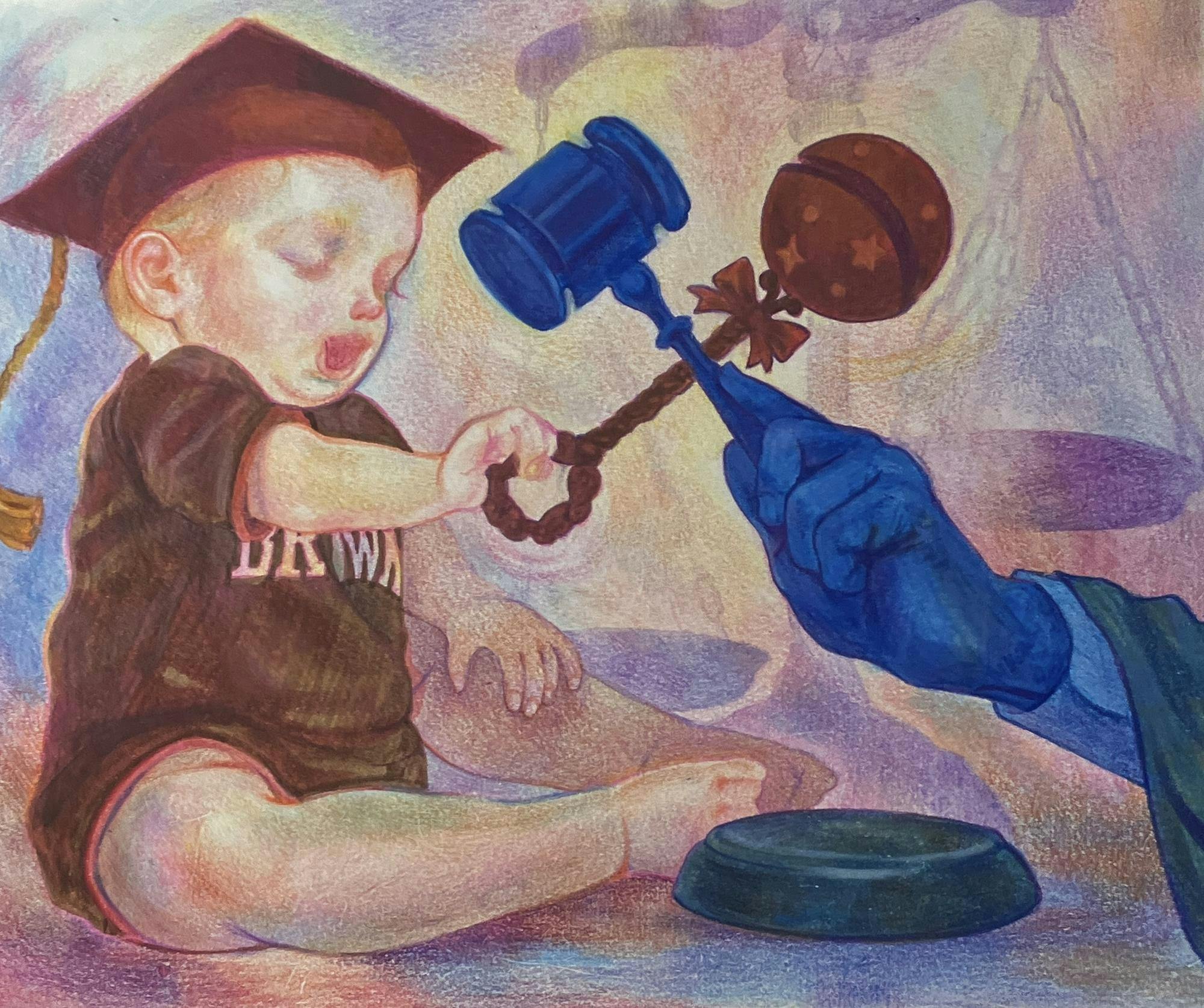 Illustration of a toddler with a Brown sweater on holding a rattle with a graduation cap on