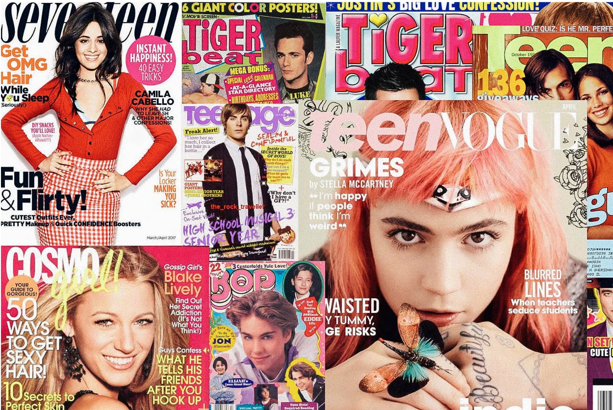 Photo illustration by Slate. Images by Seventeen, CosmoGirl, Tiger Beat, Teen Vogue, Teen and Bop Magazines.