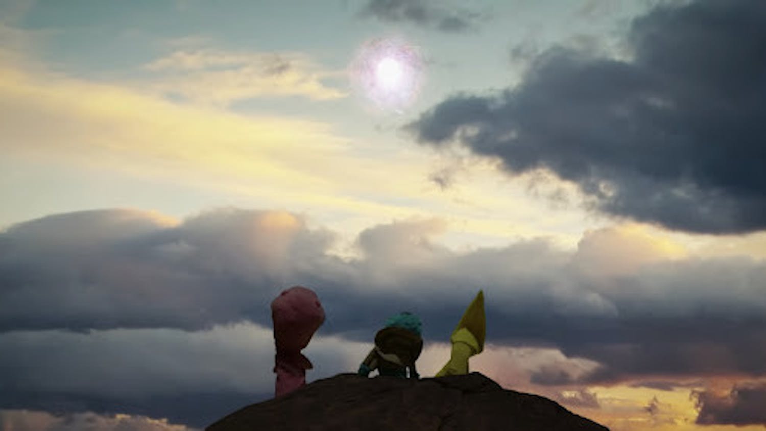 Puppets sitting on a yellow dinosaur's favorite rock, watching the meteor come destory the earth | Source: Watcher (Puppet History: The Dreadful Demise of the Dinosaurs)