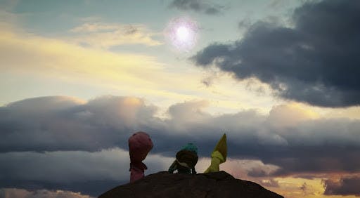 木偶坐在黄色恐龙最喜欢的岩石上，看着流星摧毁地球 | 图片来自: Watcher (Puppet History ：恐龙大灭绝）