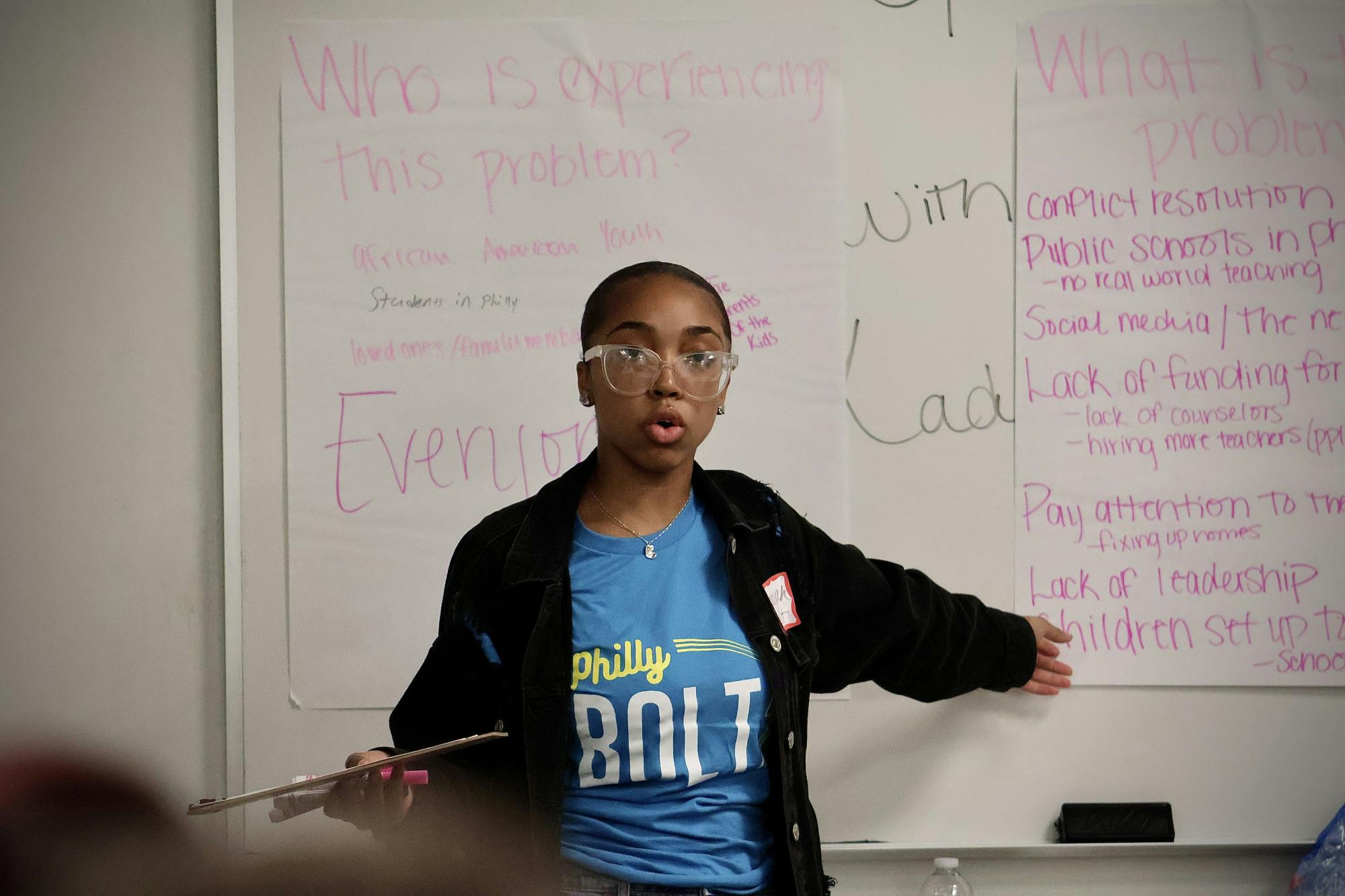 Philly BOLT member Amaiyah Parker speaks to candidates and youth at PA Youth Voices event | (Kasey Shamis/Bullhorn Photographer)