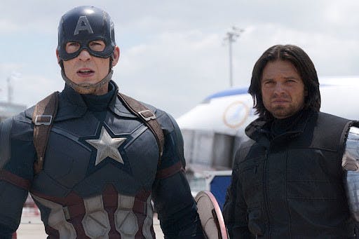 Chris Evans and Sebastian Stan as Captain America and Bucky Barnes in Captain America