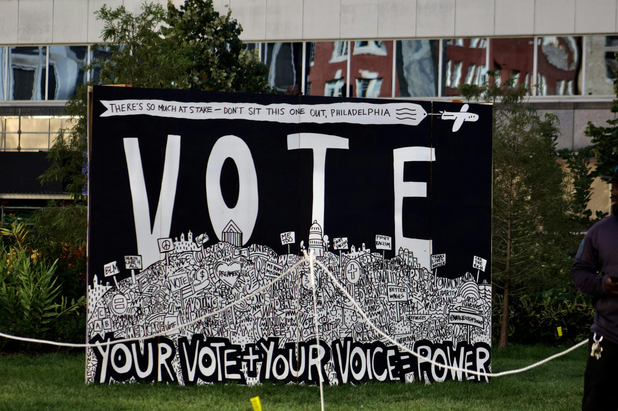 Poster at temporary voting engagement exhibit displayed at Love Park | (Kasey Shamis/Bullhorn Photographer)