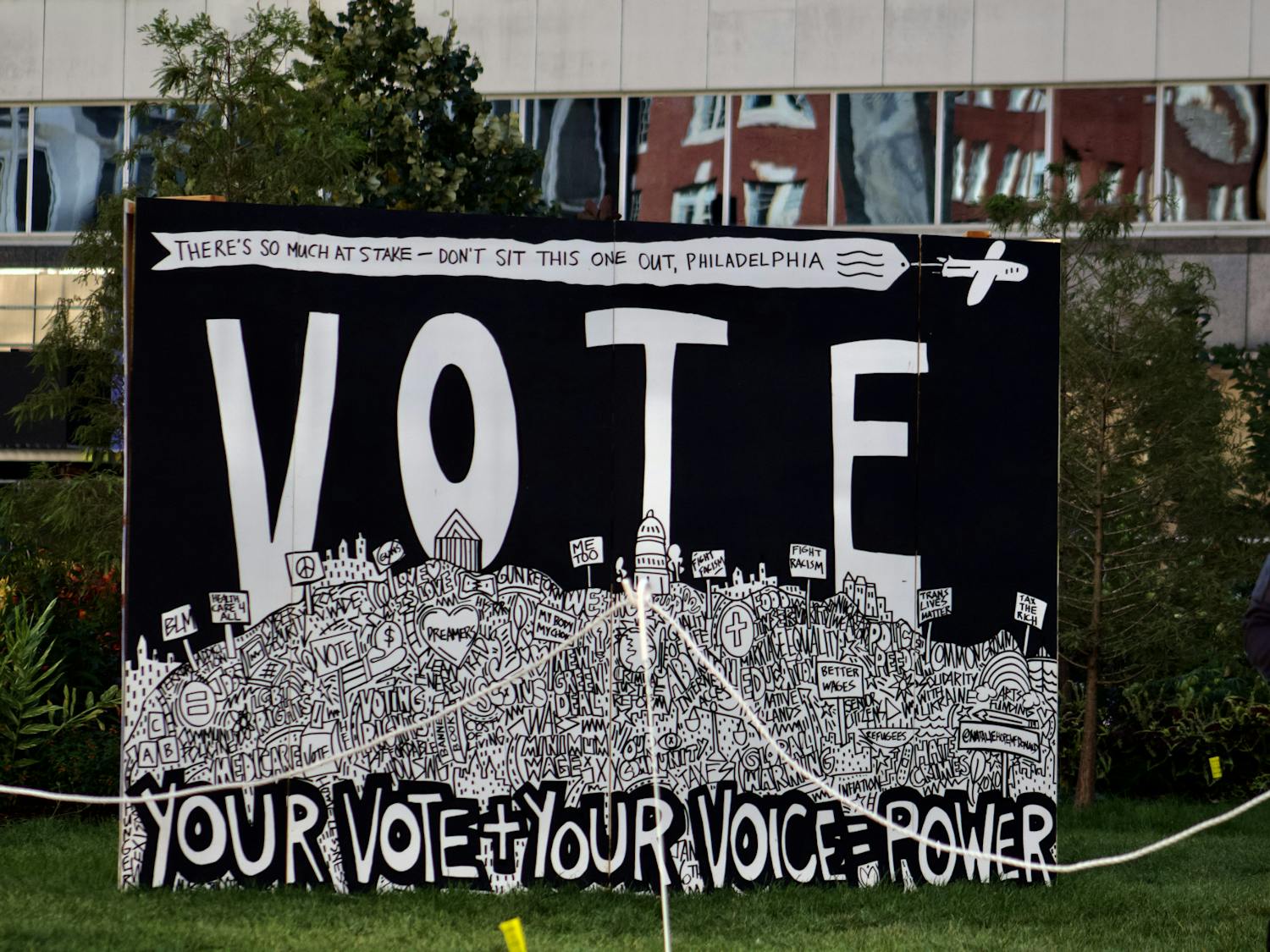 Poster at temporary voting engagement exhibit displayed at Love Park | (Kasey Shamis/Bullhorn Photographer)
