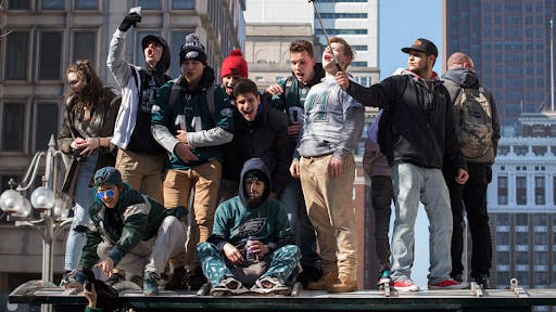 Temple students celebrating the Eagles advancement to the Superbowl | Source: Temple Now, Betsy Manning
