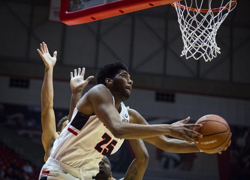 Sophomore forward Tahjai Teague reaches for a layup against Central Michigan, Jan. 16 at John E. Worthen Arena. Teague had 10 points to the 82-76 victory over Central Michigan. Grace Hollars, DN