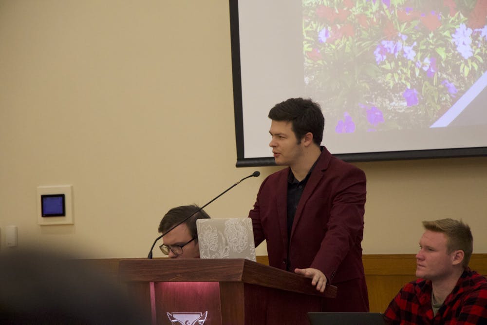 <p>Ball State Student Government Association (SGA) Sen. Hunter Case, At-Large Caucus whip, asks for a budget request for $30 in the L.A. Pittenger Student Center Ball Room Nov. 16. The $30 is for candy to be used in the At-Large Caucuss&#x27; &quot;Short and Sweet&quot; surveys. <strong>Zach Gonzalez, DN</strong></p>