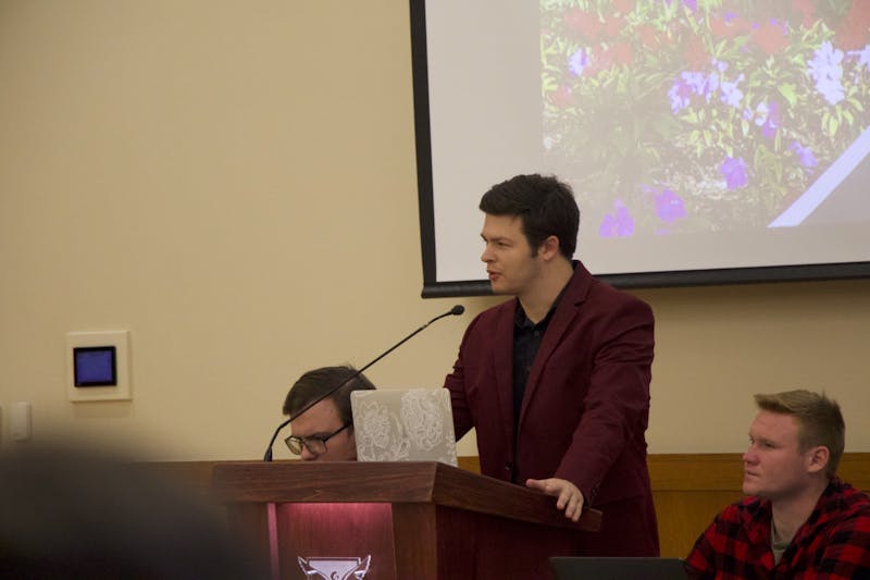 Ball State Student Government Association (SGA) Sen. Hunter Case, At-Large Caucus whip, asks for a budget request for $30 in the L.A. Pittenger Student Center Ball Room Nov. 16. The $30 is for candy to be used in the At-Large Caucuss&#x27; &quot;Short and Sweet&quot; surveys. Zach Gonzalez, DN