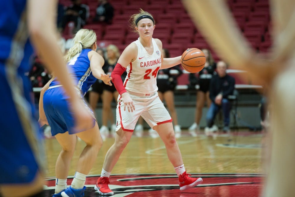 <p>Junior Guard Jasmin Samz and waits to run down the clock for a last-second play against Middle Tennessee in John E. Worthen Arena on March 15.<strong> </strong>The Cardinals won 69-60. <strong>Eric Pritchett, DN</strong></p>