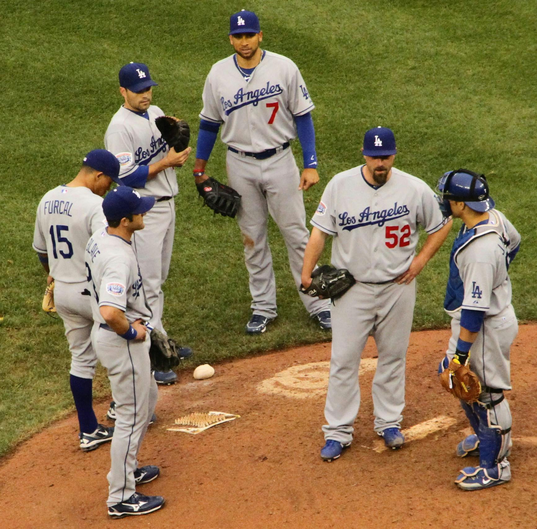 Multiple L.A. Dodgers players stand around the pitching mound, April 24, 2010. Flickr, Photo Courtesy