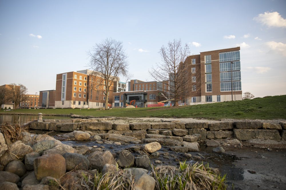 <p>North West Residence Hall is under construction April 5, 2021, near the Duck Pond. North West will feature a computer lab, study lounges, semi-private bathrooms and a MakerSpace.<strong> Jaden Whiteman, DN</strong></p>