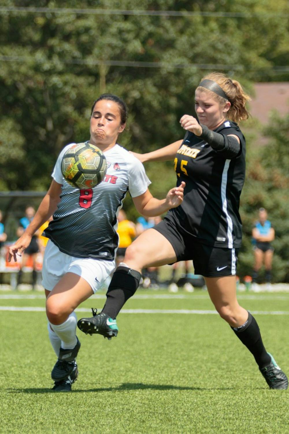 <p>Junior midfielder Paula Guerrero gains control over the ball during the game against Appalachian State at the Briner Sports Complex on Aug. 27. The Cardinals will play Western Illinois Sept. 15 on senior night. Kyle Crawford, DN File</p>