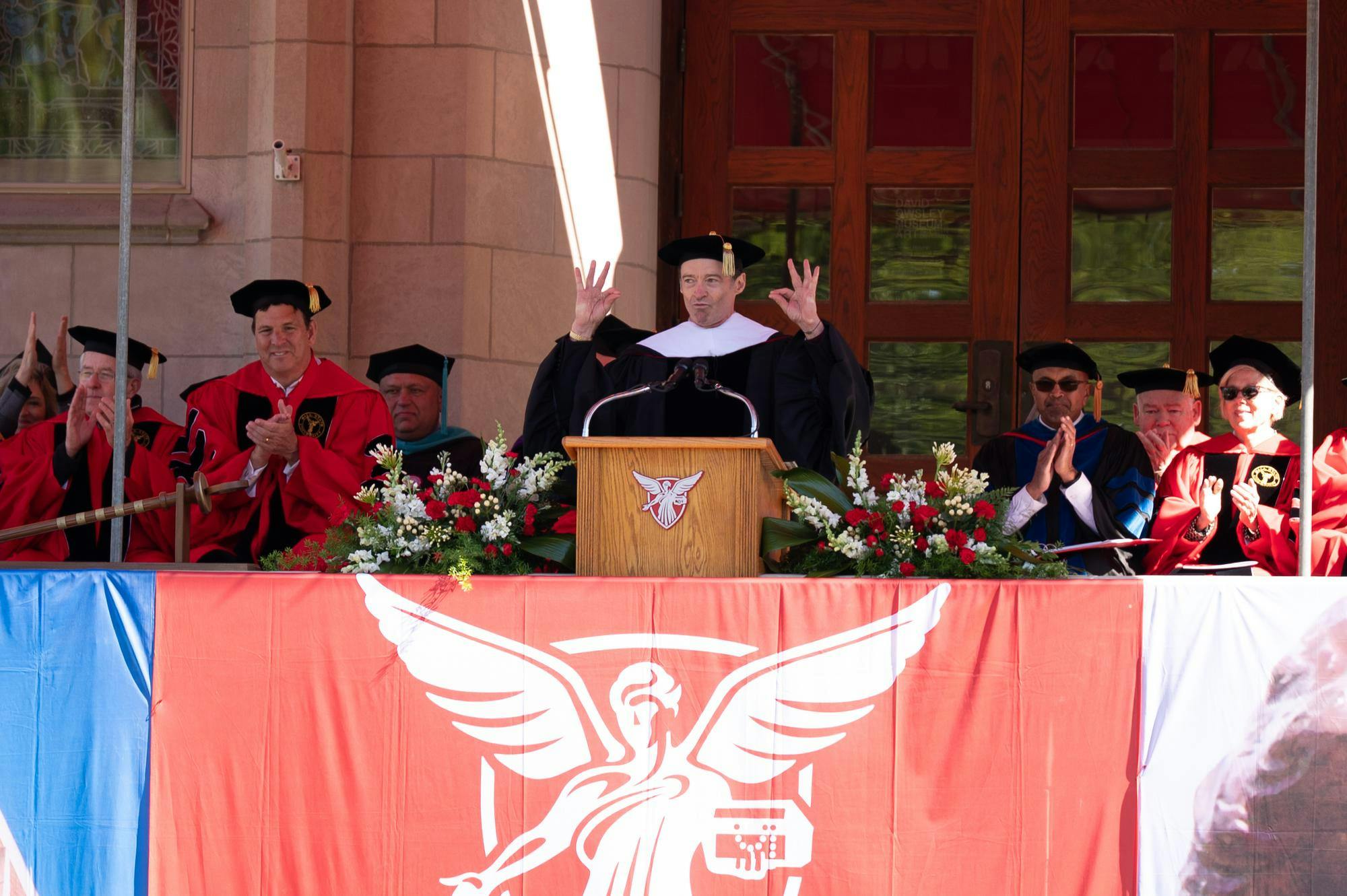 Hugh Jackman gives a keynote speech to the Ball State University graduating class on May 2 on the North Quad lawn in Muncie, Indiana. Kadin Bright, DN