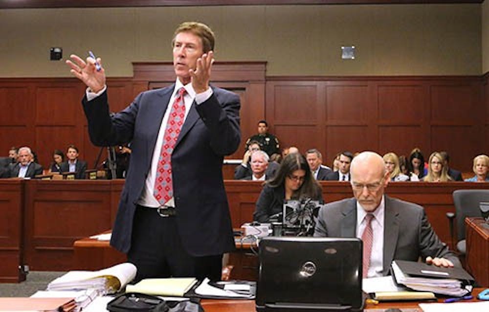 Defense attorney Mark O’Mara, with co-counsel Don West, addresses the court during a pre-trial hearing on May 28 in Sanford, Fla. Defendant George Zimmerman was not in court. MCT PHOTO