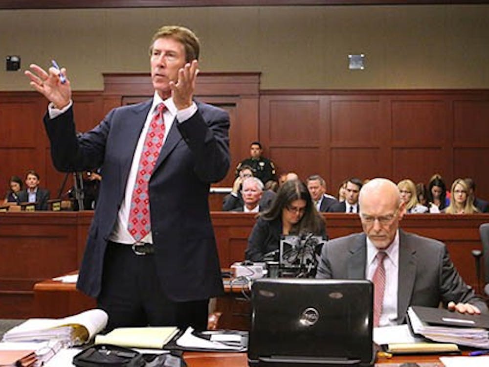 Defense attorney Mark O’Mara, with co-counsel Don West, addresses the court during a pre-trial hearing on May 28 in Sanford, Fla. Defendant George Zimmerman was not in court. MCT PHOTO