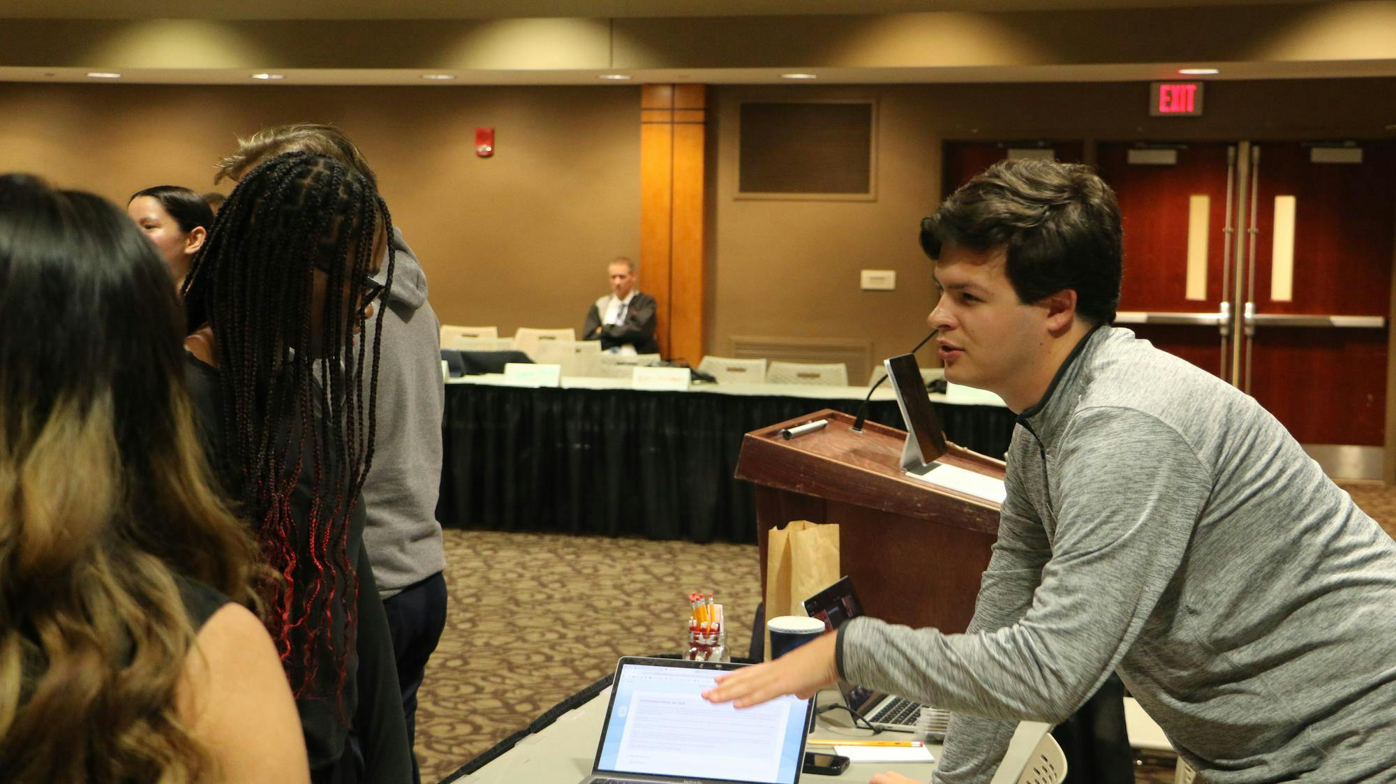 Pro Tempore Hunter Case assigning new senate members their caucuses and committees, during Student Government Association weekly meeting in L.A. Pittenger Student Center.  Landon Jones, DN