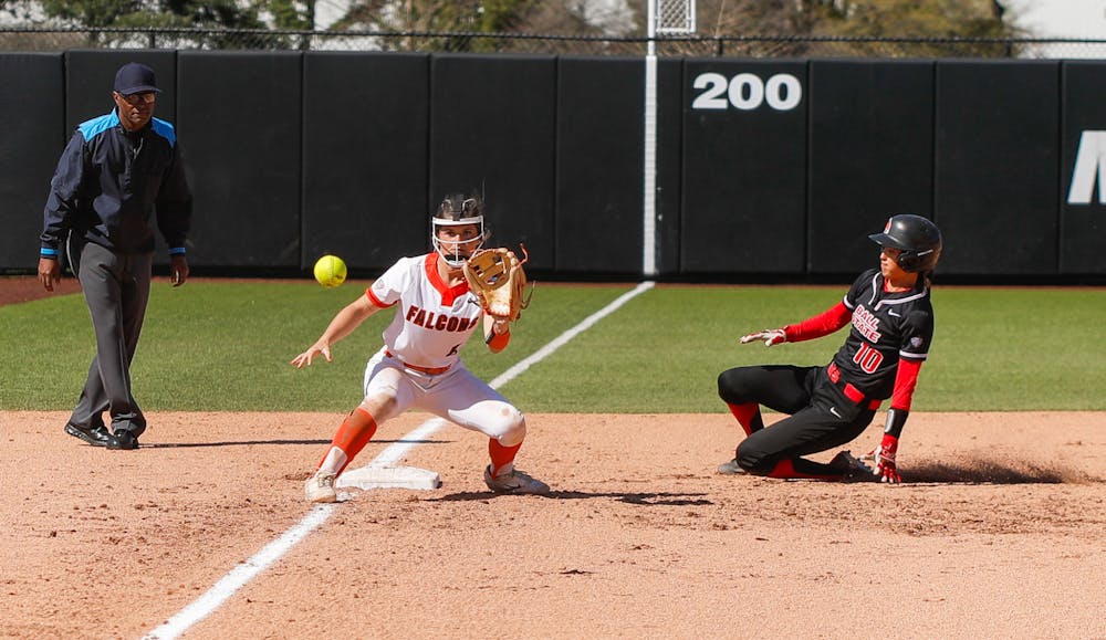 Graduate student utility Jazmyne Armendari slides into third base just in time against Bowling Green April 13 at First Merchants Ballpark Complex. Andrew Berger, DN