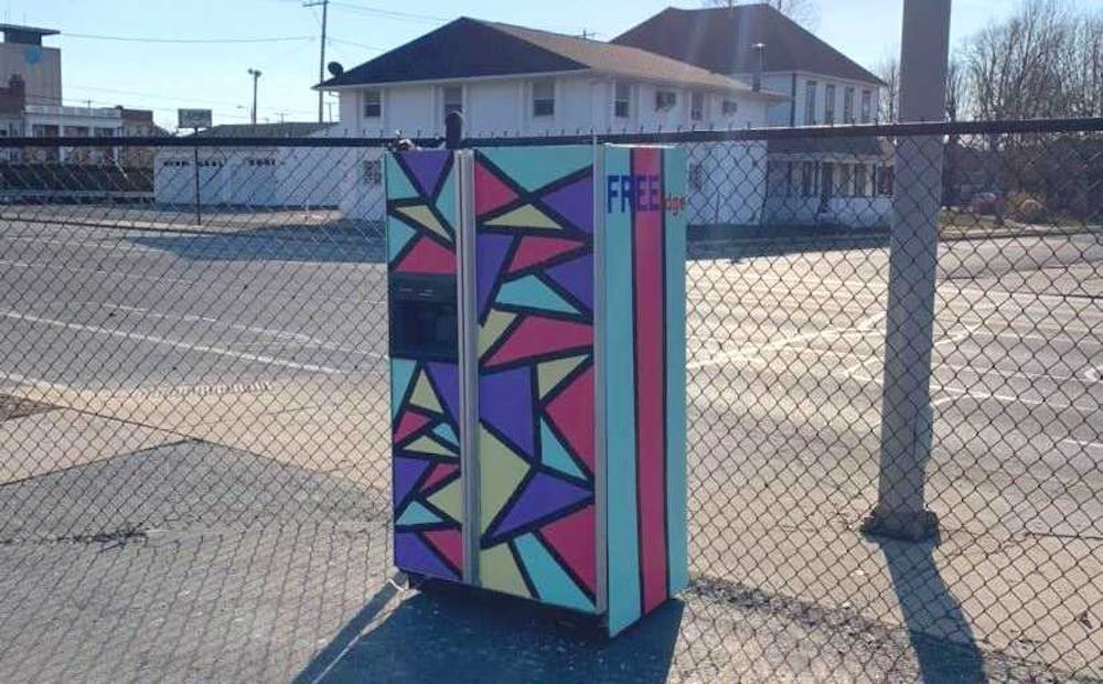<p>The original &quot;ReFreeGerator&quot; sits on the south side of Muncie fully stocked with nonperishable foods for community members to take. Five students from Muncie Central High School and Burris Laboratory School painted a second refrigerator after the first was stolen. <strong>Shafer Leadership Academy, Photo Provided</strong></p>