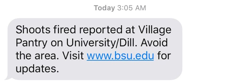 This is a text from Ball State Emergency Notifications regarding the incident. The university sent email and text alerts to students when the shots were reported and when the situation was no longer a threat to the campus.