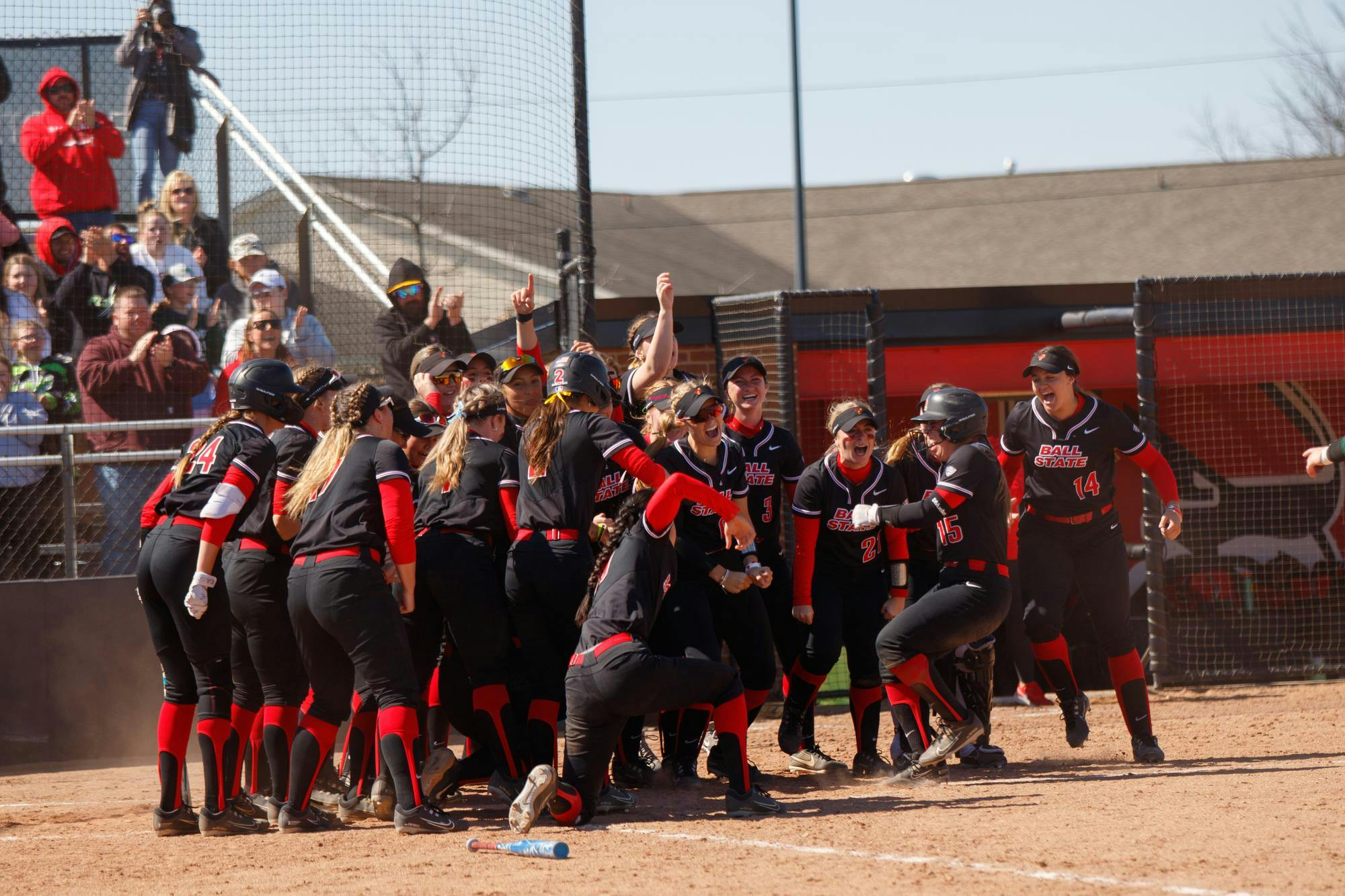 Graduate student infield Haley Wynn is circled by the Cardinals during the game against Ohio March 16 at First Merchants Bank Ballpark. Wynn helped the Cardinals earn three points with teammates on bases in the sixth inning. Kate Tilbury, DN