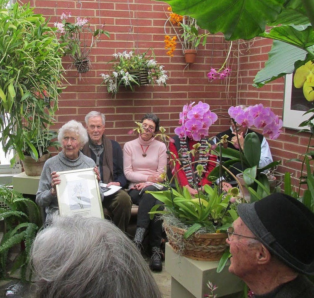 <p>Betty Kendall, a Muncie resident and Ball State alumna,&nbsp;turned 100 years old on Sunday and was honored with a collection of orchids at the Dr. Joe and Alice Rinard Orchid Greenhouse.&nbsp;<em>DN PHOTO RAYMOND GARCIA</em></p>