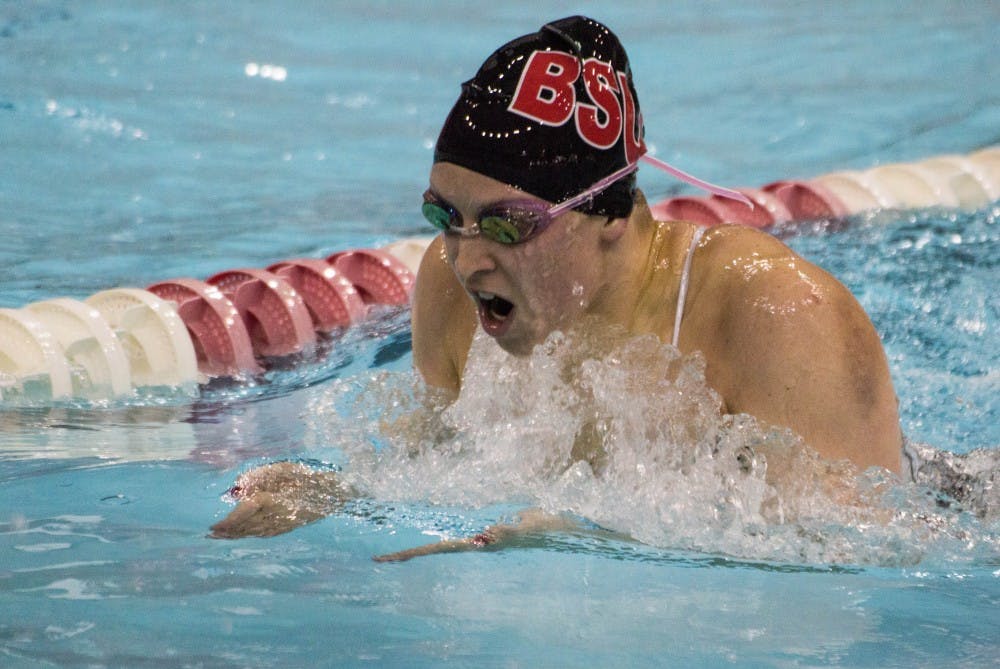 Senior Courtney Mudd swims breaststroke in the 200m individual medley during the senior meet against Notre Dame on Feb. 4 in Lewellen Pool. Mudd finished in fifth place with a time of 2:12.99. Grace Ramey // DN