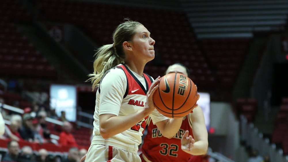 Sophomore Madelyn Bischoff goes for a jump shot in a game against Northern Illinois Feb. 1 at Worthen Arena. Biscoff finished with 15 points for the Cardinals. Brayden Goins, DN