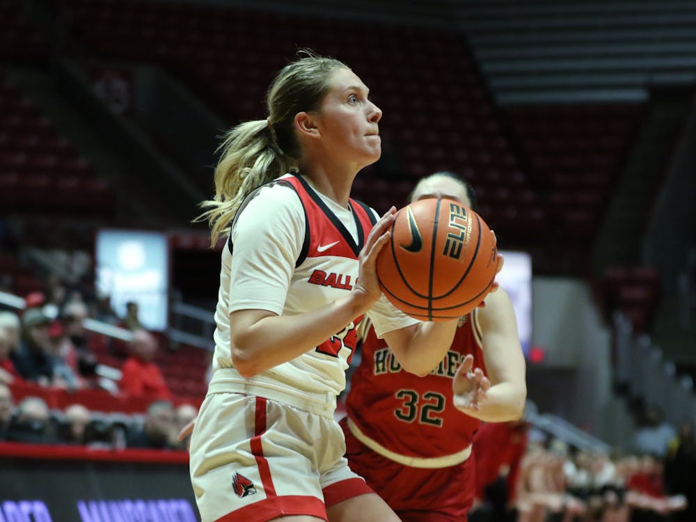 Sophomore Madelyn Bischoff goes for a jump shot in a game against Northern Illinois Feb. 1 at Worthen Arena. Biscoff finished with 15 points for the Cardinals. Brayden Goins, DN