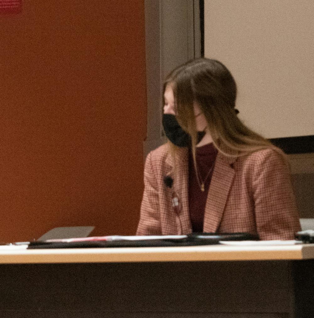 <p>Monet Lindstrand, President Pro Tempore for Ball State&#x27;s Student Government Association (SGA), speaks on issues around campus for students in the Teachers College Feb. 10. Lindstrand talked about her two platforms: sexual assault prevention and Ball State&#x27;s public transportation. <strong>Jamie Strouts, DN</strong></p>