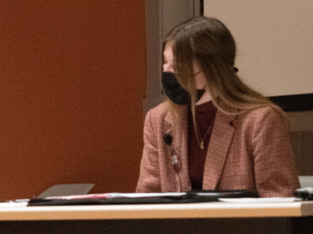 Monet Lindstrand, President Pro Tempore for Ball State's Student Government Association (SGA), speaks on issues around campus for students in the Teachers College Feb. 10. Lindstrand talked about her two platforms: sexual assault prevention and Ball State's public transportation. Jamie Strouts, DN