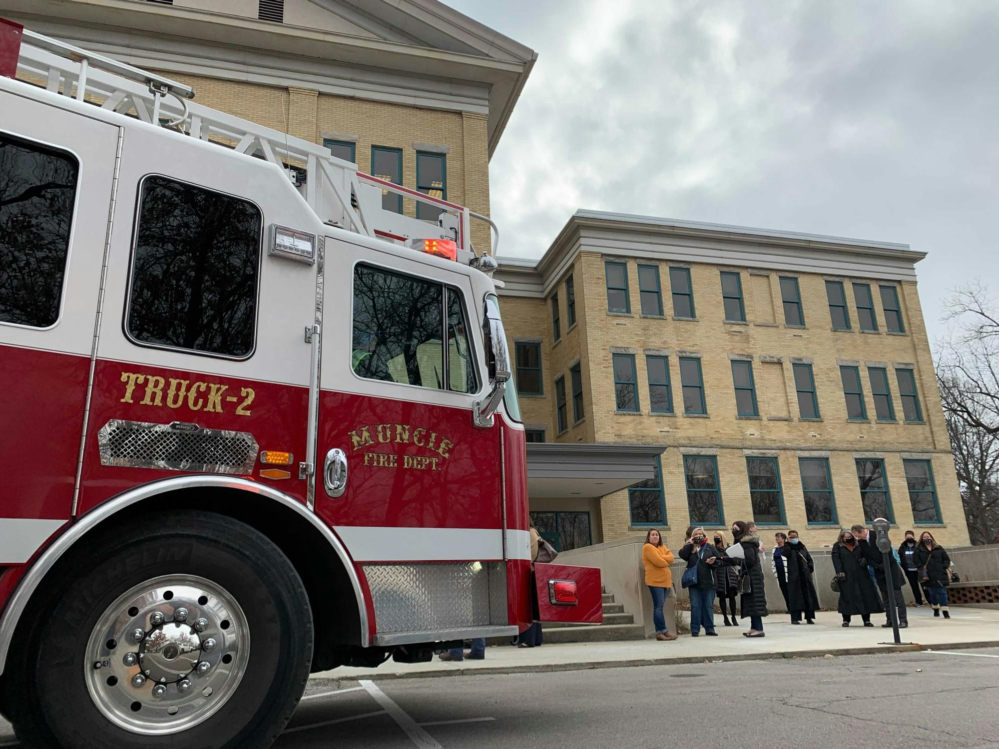 A fire truck parks in front of the north entrance of the Frank A. Bracken administration Building Jan. 14. Officials responded to reports of smoke coming from an elevator shaft around 2:30p.m. Rylan Capper, DN 