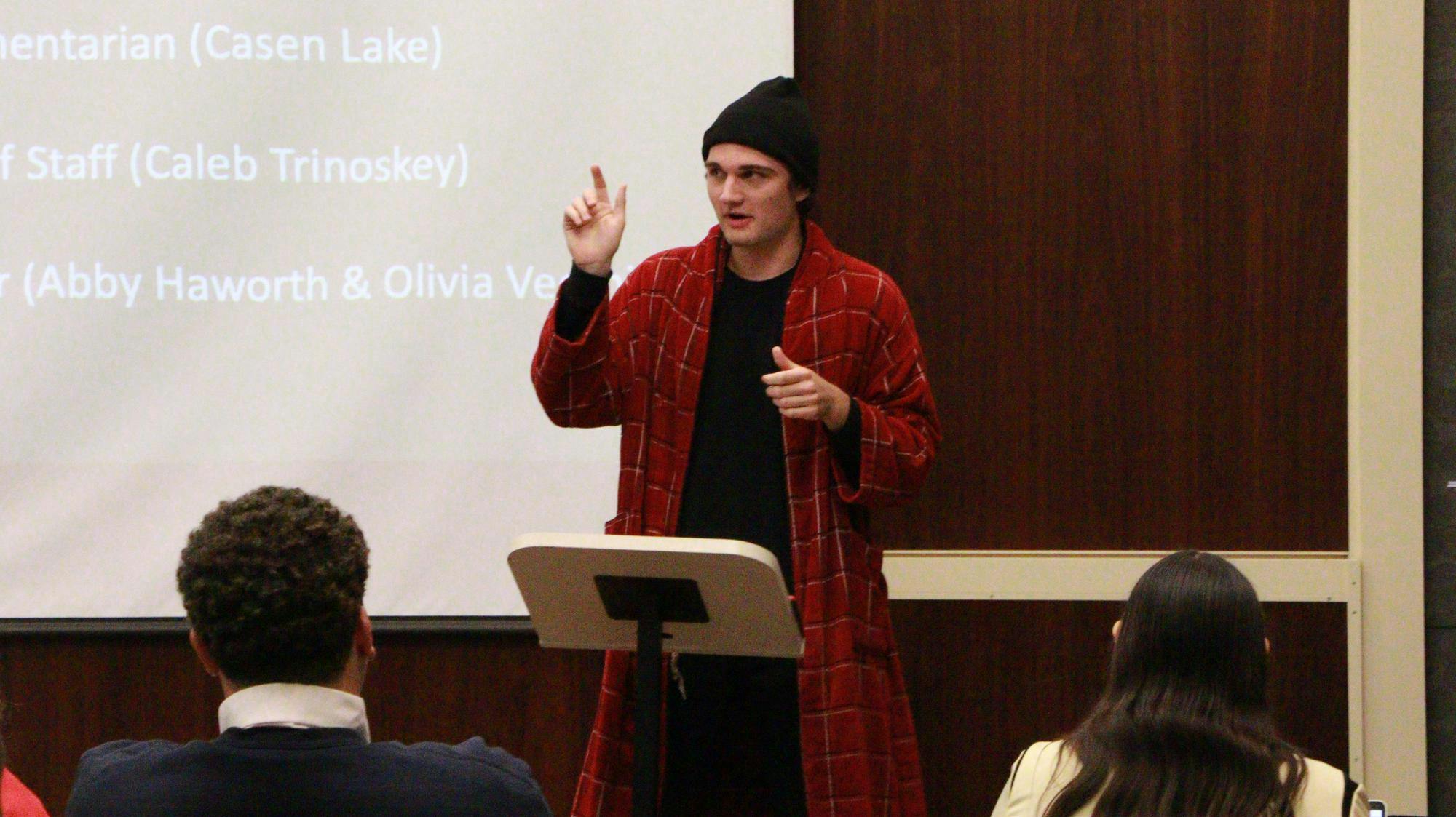 Chief of Staff Caleb Trinoskey gives his weekly report during Ball State's Student Government Association meeting on Oct. 29 in Arts and Journalism building room 175. Landon Jones, Dn