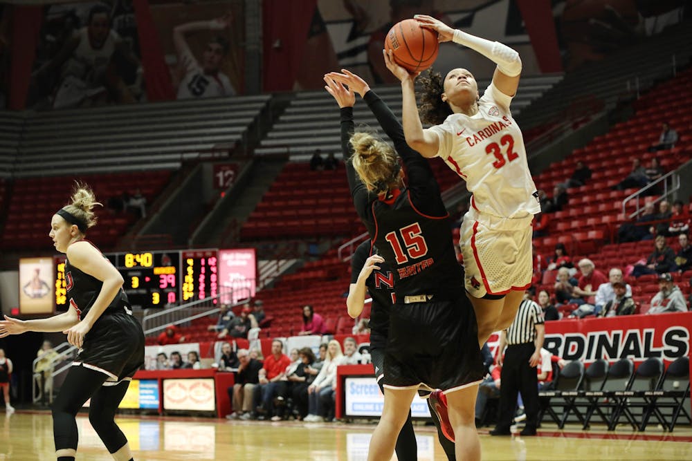 Junior forward Oshlynn Brown goes up to the rim against Northern Illinois Feb. 19, 2020. at John E. Worthen Arena. Brown scored 28 points against the Huskies. Katie Hawkins, DN