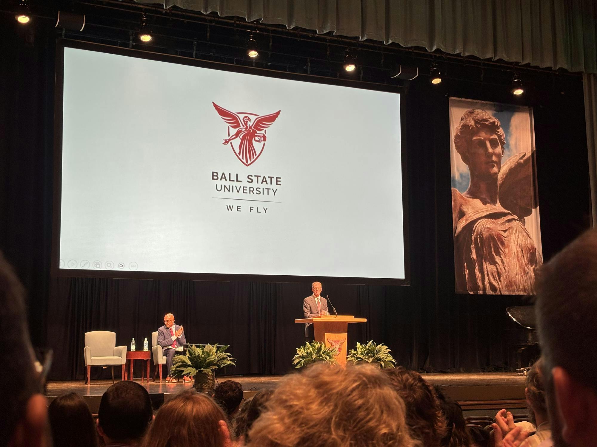 Ball State University President Geoffrey Mearns speaks at Fall Convocation Aug. 15 in Emens Auditorium. Trinity Rea, DN 