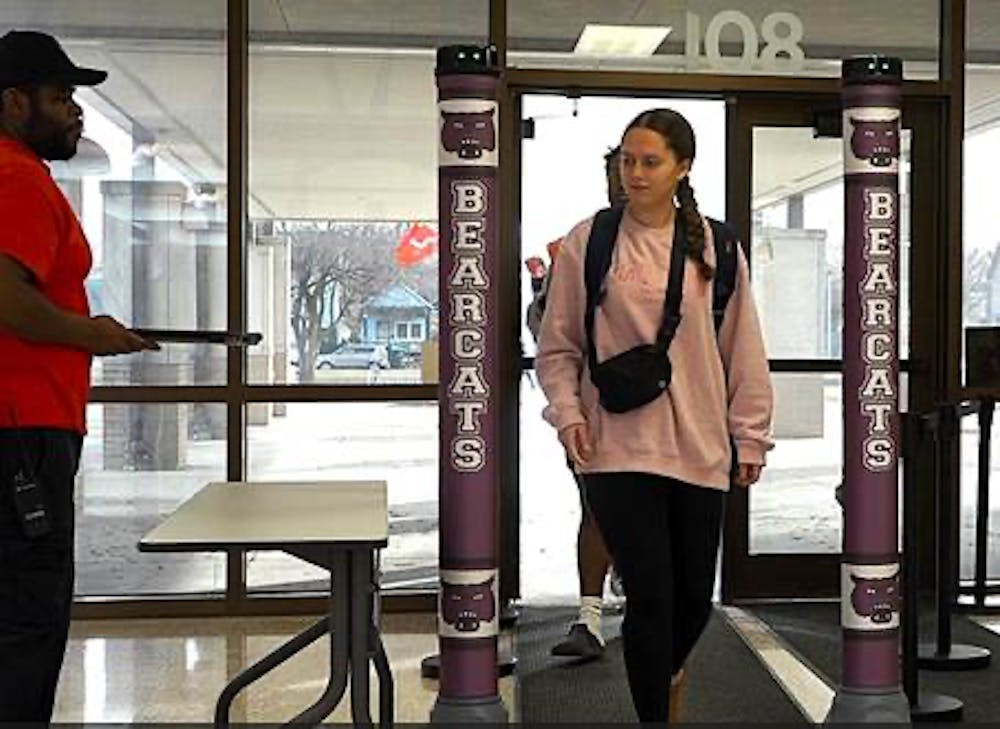 Students pass through the new security system at Muncie Central High School. The system will go into place for all students and visitors on Feb. 14. Photo Provided, Muncie Community Schools. 