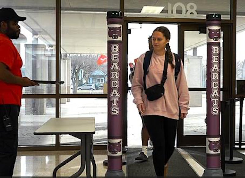 Students pass through the new security system at Muncie Central High School. The system will go into place for all students and visitors on Feb. 14. Photo Provided, Muncie Community Schools. 