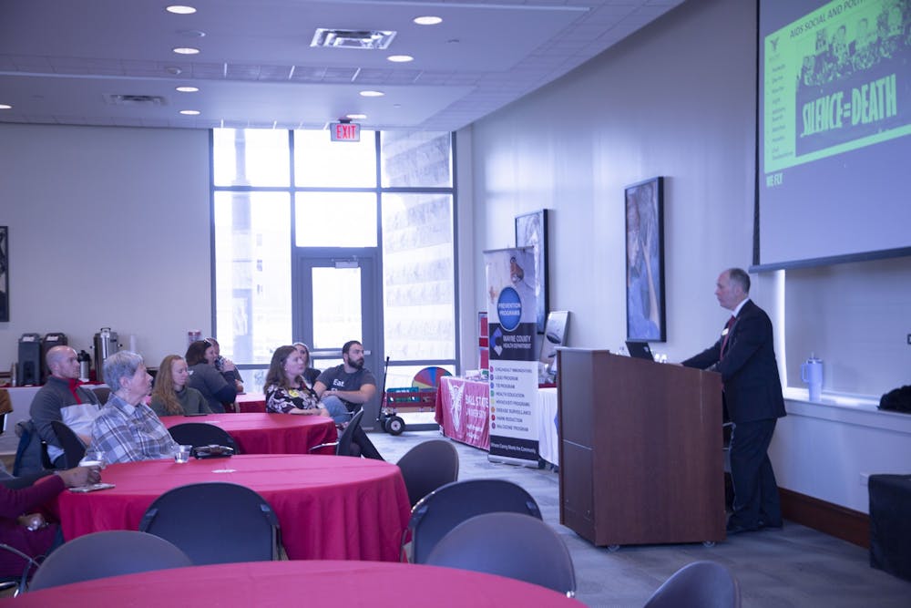 Dr. Scott Rutledge, Ball State University dean of the College of Health, speaks about HIV/AIDS on World AIDS Day in Park residence hall Dec. 1. Ball State’s Health and Promotion Advocacy and the Multicultural Center planned the event. Maya Kim, DN