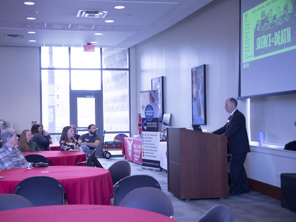 Dr. Scott Rutledge, Ball State University dean of the College of Health, speaks about HIV/AIDS on World AIDS Day in Park residence hall Dec. 1. Ball State’s Health and Promotion Advocacy and the Multicultural Center planned the event. Maya Kim, DN