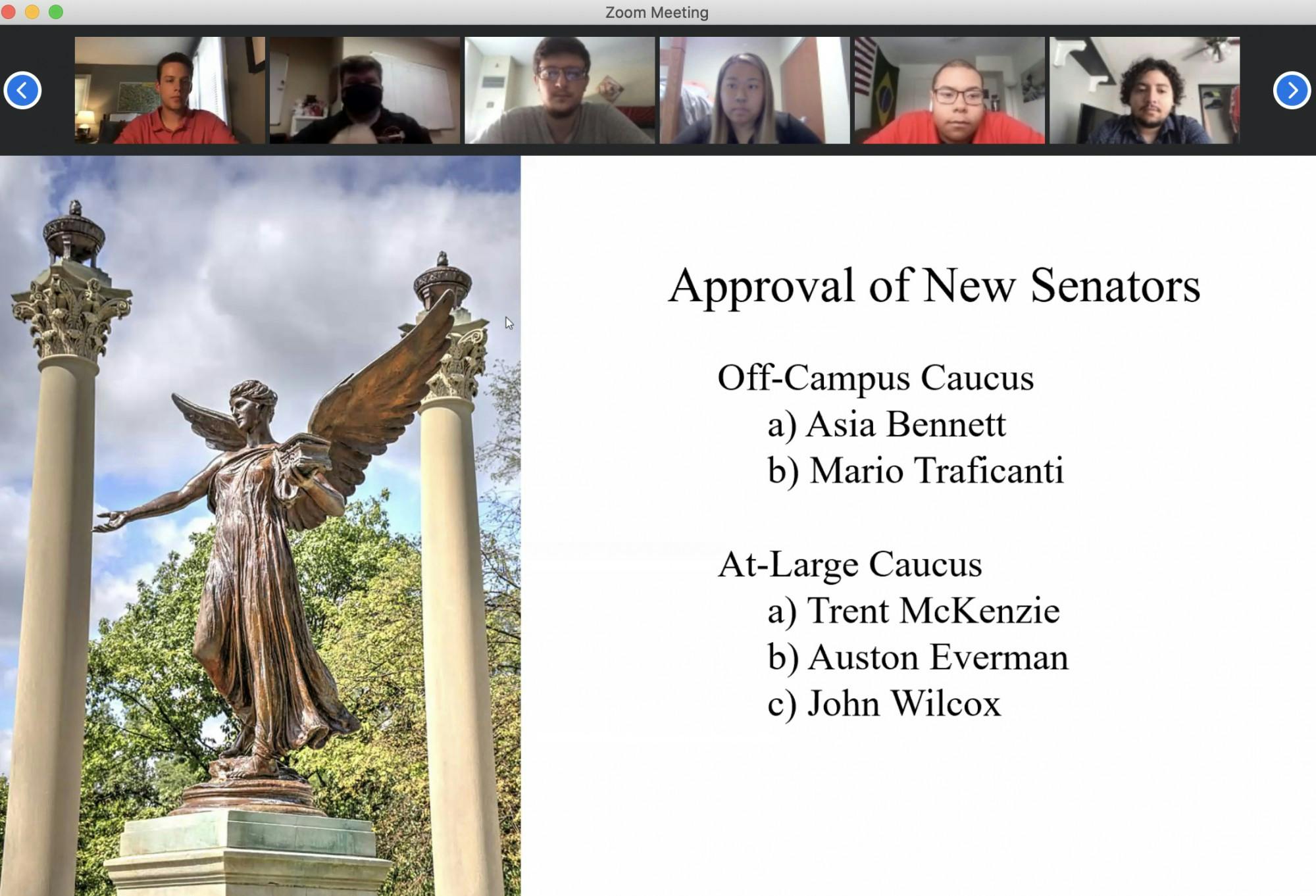 Senators listen to junior Asia Bennett introduce herself before voting her into the at-large caucus at the Sept. 9 SGA meeting. Each applicant for senate introduced themselves and answered questions during the virtual Zoom meeting. Grace McCormick, Screenshot Capture.