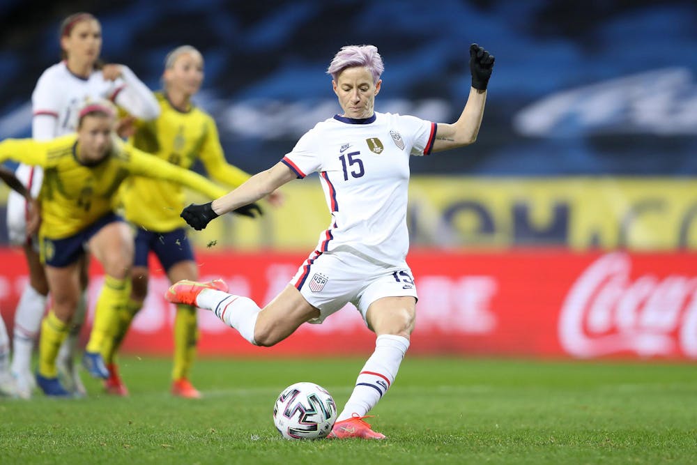 Megan Rapinoe of the United States scores the teams first goal from a penalty during the Women International Friendly between Sweden and the U.S. at Friends Arena on April 10, 2021 in Solna, Sweden. (Linnea Rheborg/Getty Images/TNS)