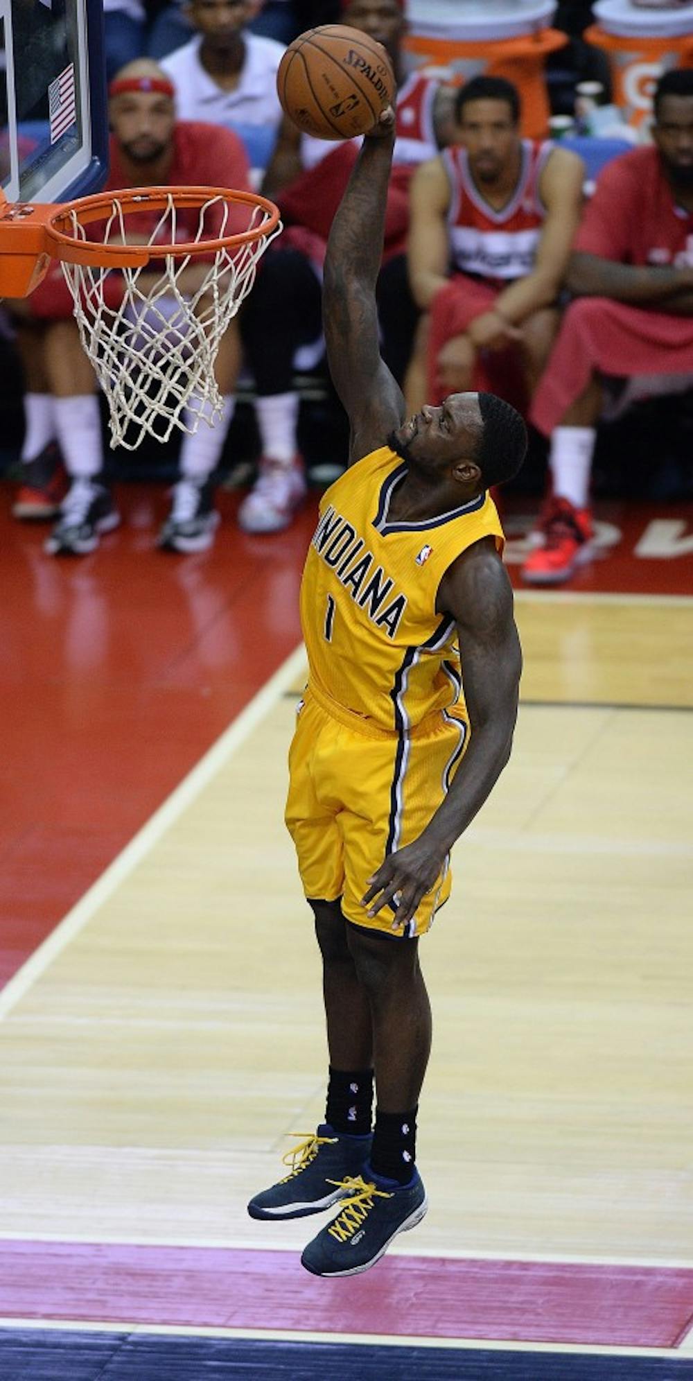 Indiana Pacers guard Lance Stephenson slam dunks against the Washington Wizards May 15. Stephenson is leaving the Pacers for the Charlotte Hornets. MCT PHOTO