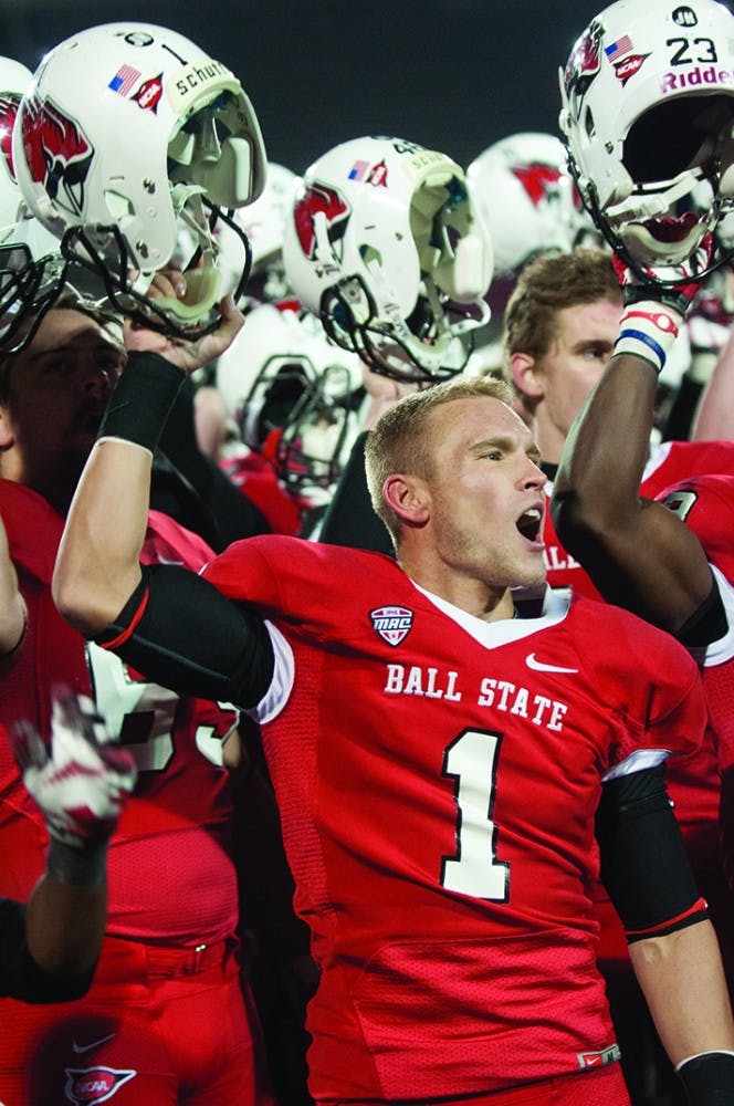 Senior kicker Scott Secor celebrates after winning against Central Michigan on Nov. 6, 2013, at Scheumann Stadium. Secor has been the kicker for Ball State since 2012. DN FILE PHOTO JONATHAN MIKSANEK