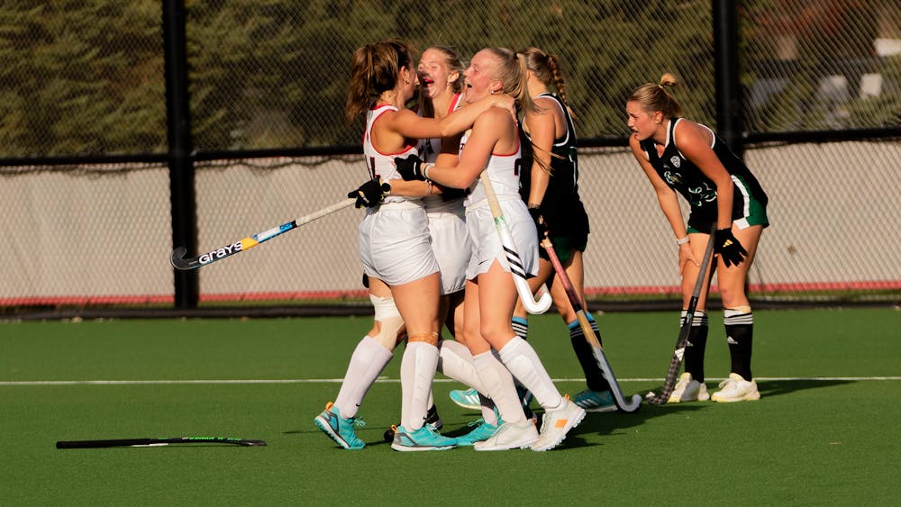 The Cardinals celebrate after the game-winning goal against Ohio University Oct. 25 at Briner Sports Complex. The Cardinals won the game 2-1. Jayce Blane, DN