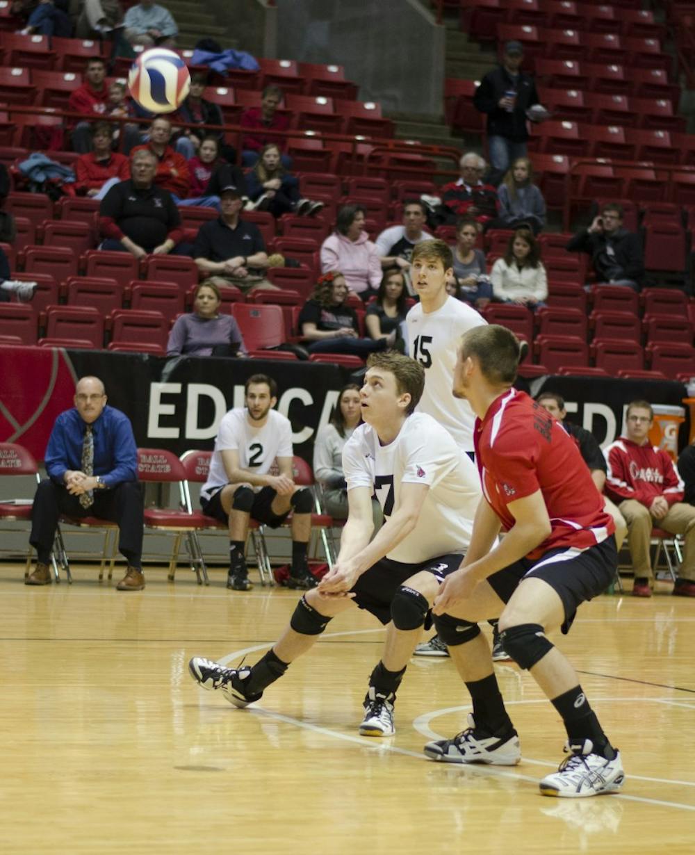 Junior outside attacker Shane Witmer bumps the ball during the first set against Ohio State on March 23 at Worthen Arena. Witmer had 10 digs. DN PHOTO BREANNA DAUGHERTY