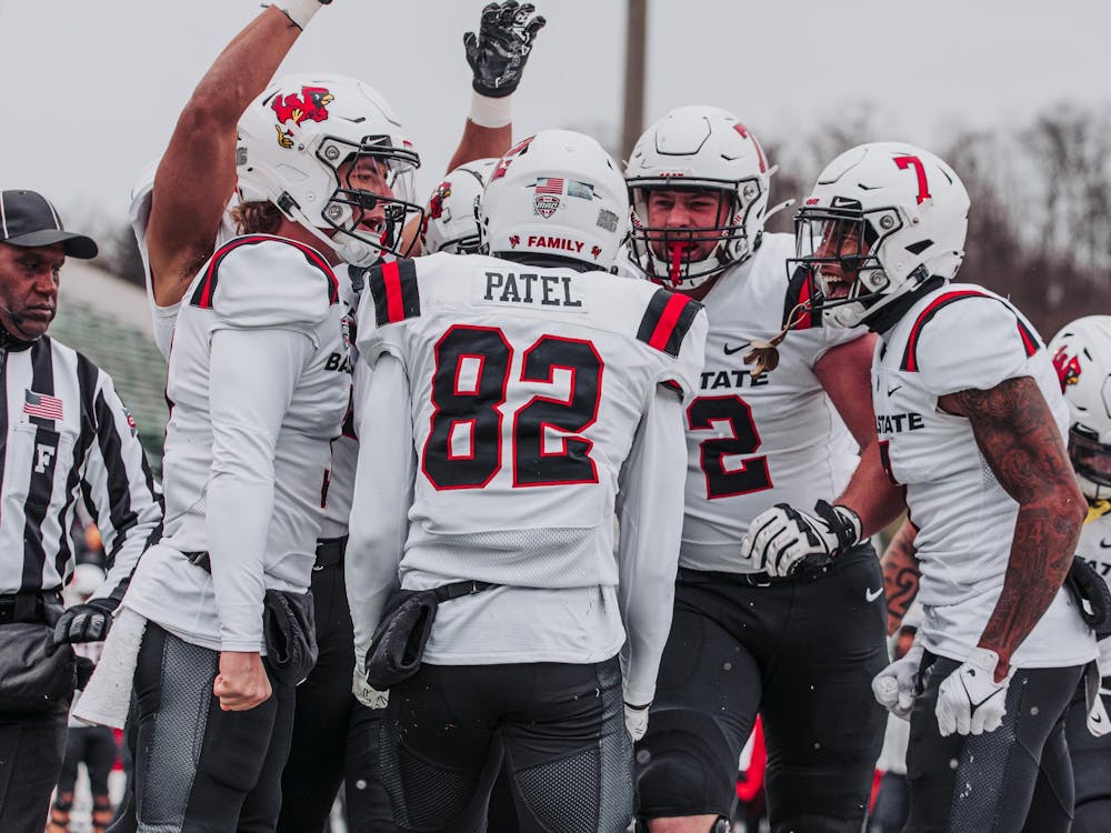Redshirt sophomore wide receiver Dahya Patel celebrates with his teammates after scoring his first collegiate touchdown. Ball State Athletics, photo provided