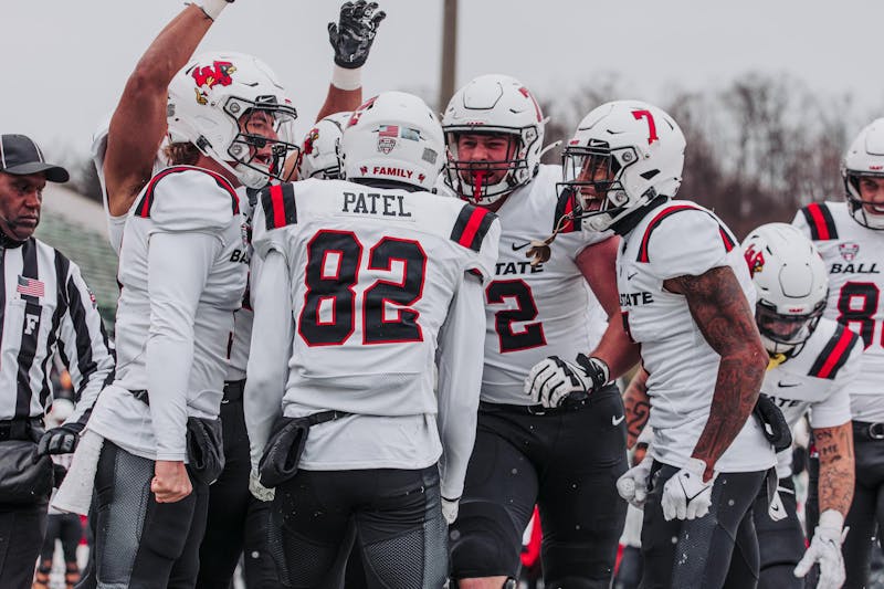 Redshirt sophomore wide receiver Dahya Patel celebrates with his teammates after scoring his first collegiate touchdown. Ball State Athletics, photo provided