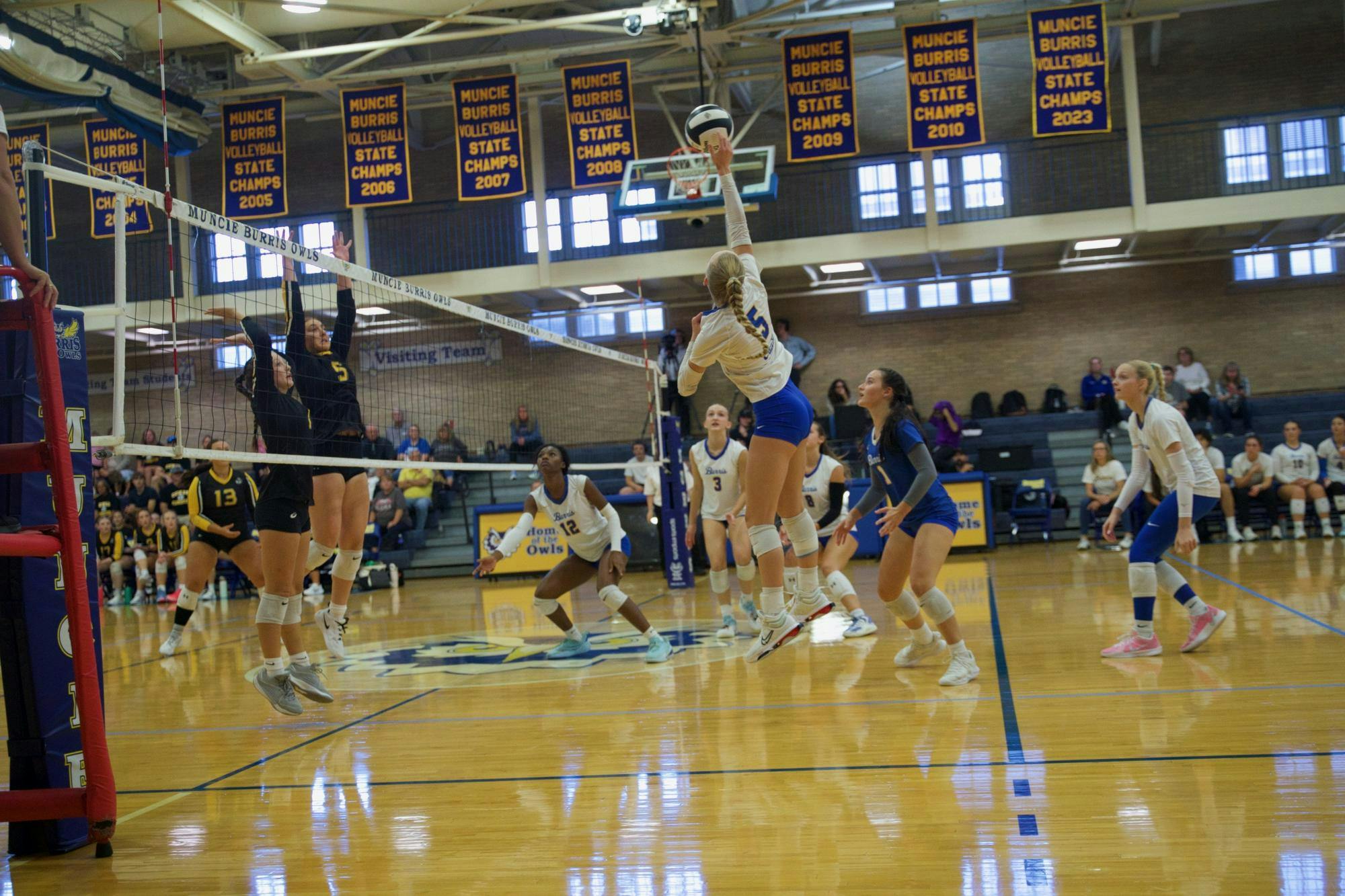 Liz Chamber gets the kill against Cowan, helping lead the way to the sweep. Burris swept the Blackhawks 3–0. PHOTO BY BRODRICK GOOD