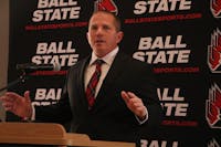 Ball State football head coach Mike Uremovich speaks Dec. 6 at his introductory press conference. Uremovich was formerly the head coach at Butler. Zach Carter, DN. 