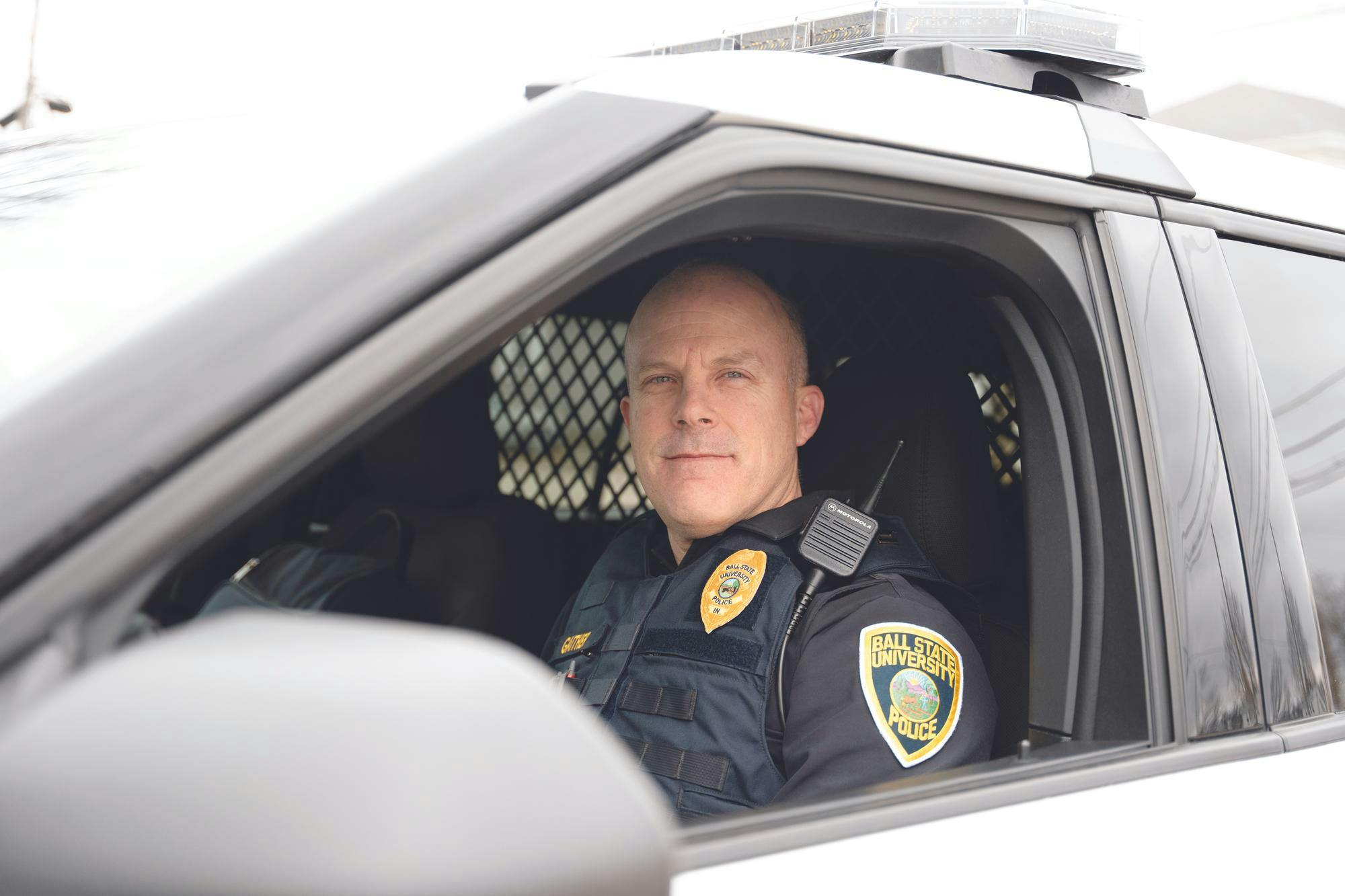Captain Matt Gaither of the University Police Department poses in his police car Jan. 11 on Ball State’s campus. Kyle Ingermann. DN